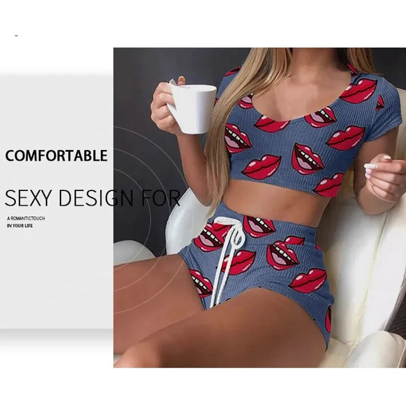 Summer Short Sexy Casual Lips Print Female Sleepwear Suit Pajamas Top+Pants Skinng Women Homewear Underwear