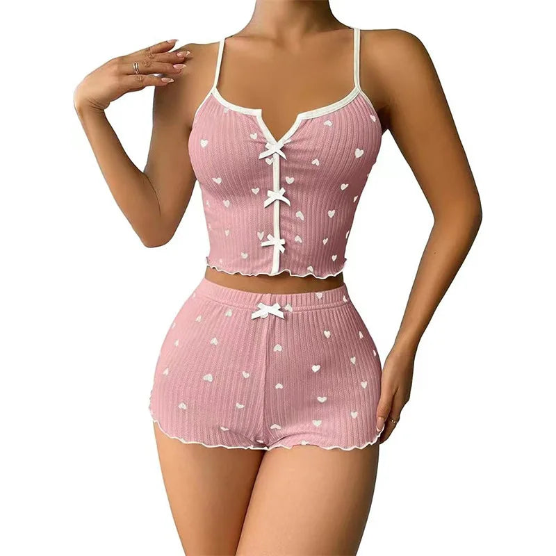 Sexy women's cute sleepwear new heart-shaped printed lettuce border bow vest and shorts Pj set soft sleepwear