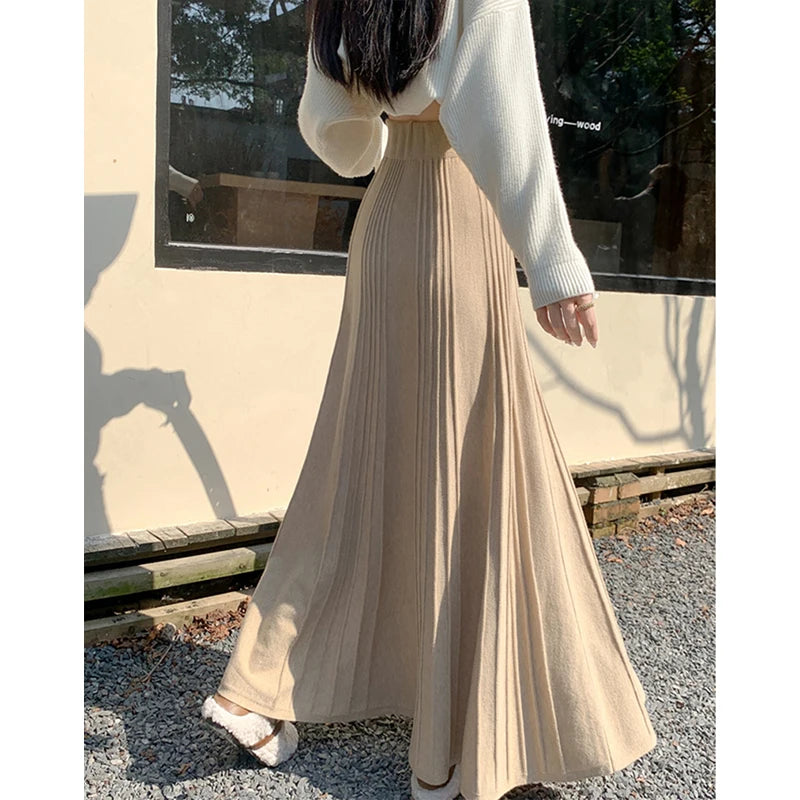 MEXZT Elegant Knitted Midi Skirt Women Fashion High Waist Black Pleated Skirts Fall Winter Ladies Korean Slim A Line Skirt New