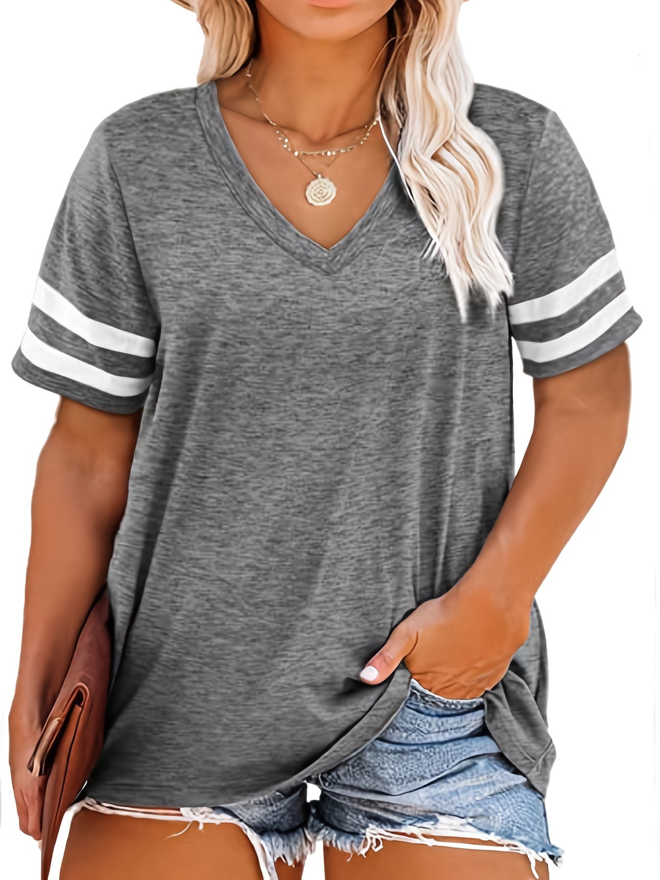 Plus Size Colorblock V Neck T-shirt, Women's Plus Slight Stretch Short Sleeve Casual Tee Plus Size Women Clothing