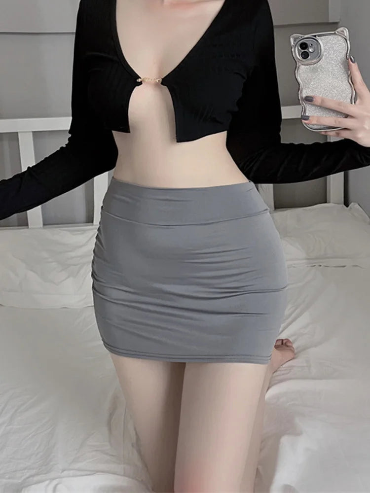 Sexy Women Tight Pencil Cute Skirt Sheer See Through Gloosy Micro Mini Skirt Oil Shiny OL Elastic Package Hip Skirt