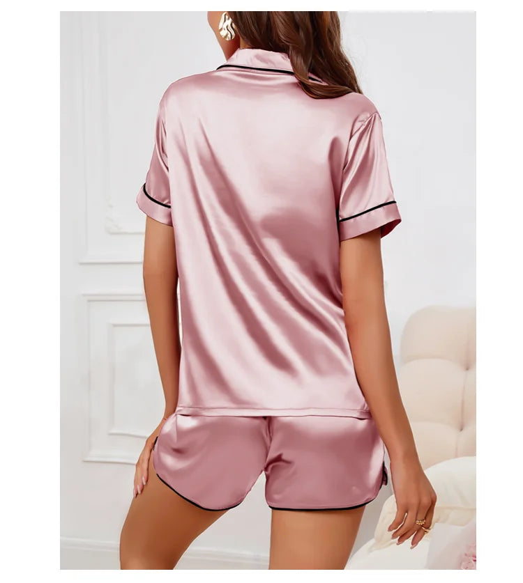 Women's Pajamas Lounge Set Heart Embroidered Pocket Patched Sleepwear Button Down Short Sleeve Top & Shorts Pyjama Home Clothing