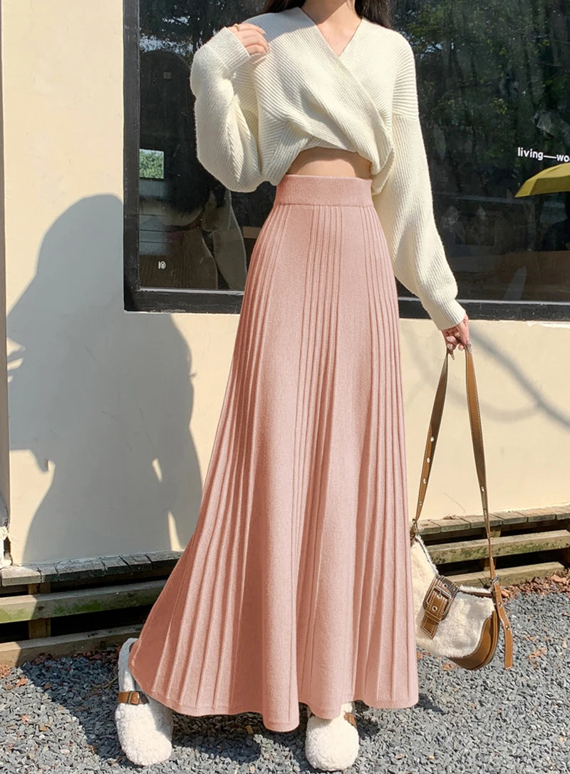 MEXZT Elegant Knitted Midi Skirt Women Fashion High Waist Black Pleated Skirts Fall Winter Ladies Korean Slim A Line Skirt New