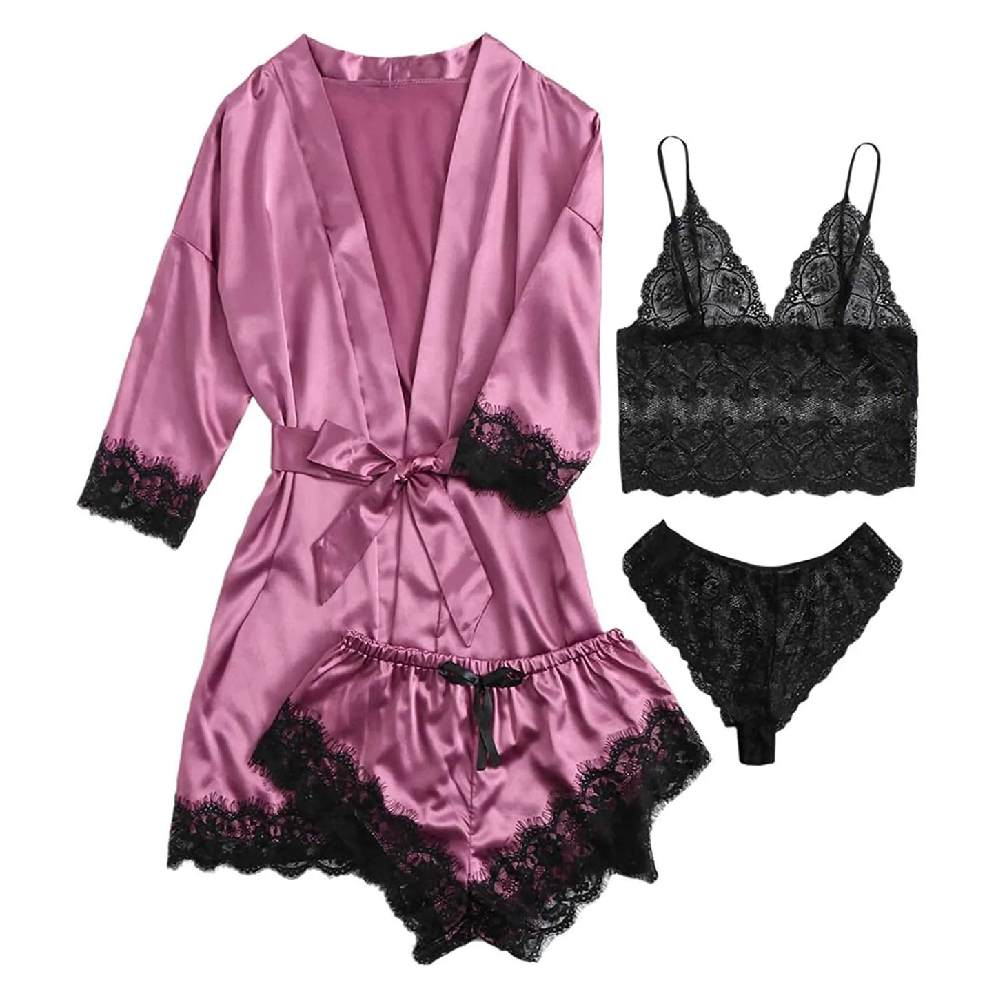 new Women's Sleep Lounge New Pajama Sets European American 4-piece set with lace satin suspender summer set for sleeping pajamas