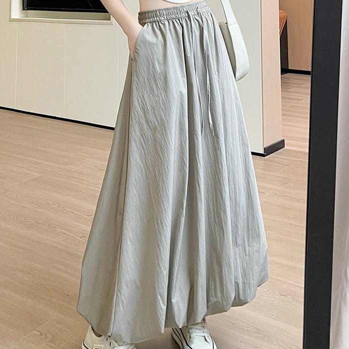 Solid Color Casual Long Skirt For Women 2024 Summer Fashion Women's Bubble Skirt Female Korean High Waist Elastic A-Line Skirt