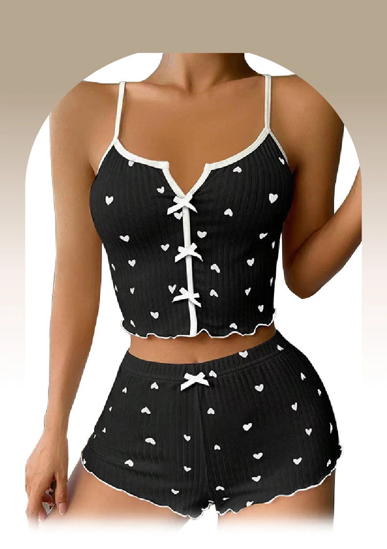 Sexy women's cute sleepwear new heart-shaped printed lettuce border bow vest and shorts Pj set soft sleepwear