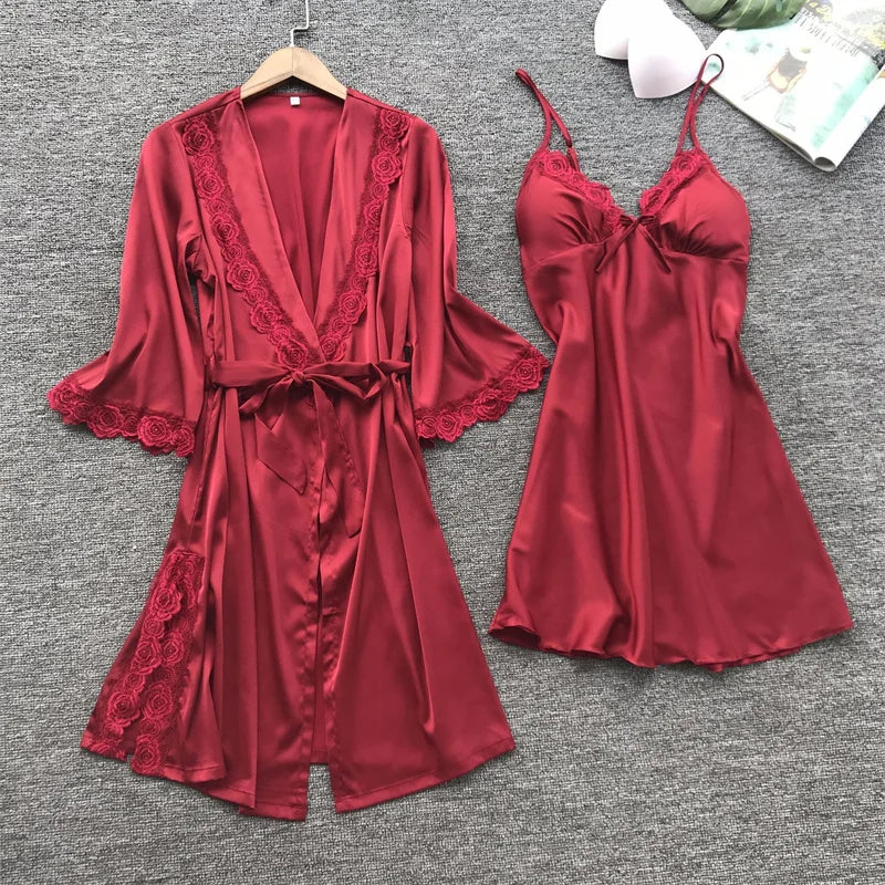 2PCS Leepwear Female Pajamas Set Satin Home Pyjamamas Lace Robe Sleep Suit V-Neck Wedding Nightwear Wear Nighty&Rob