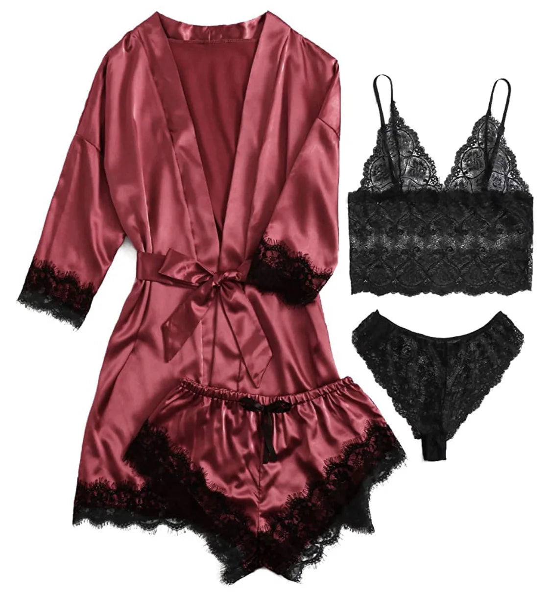 new Women's Sleep Lounge New Pajama Sets European American 4-piece set with lace satin suspender summer set for sleeping pajamas