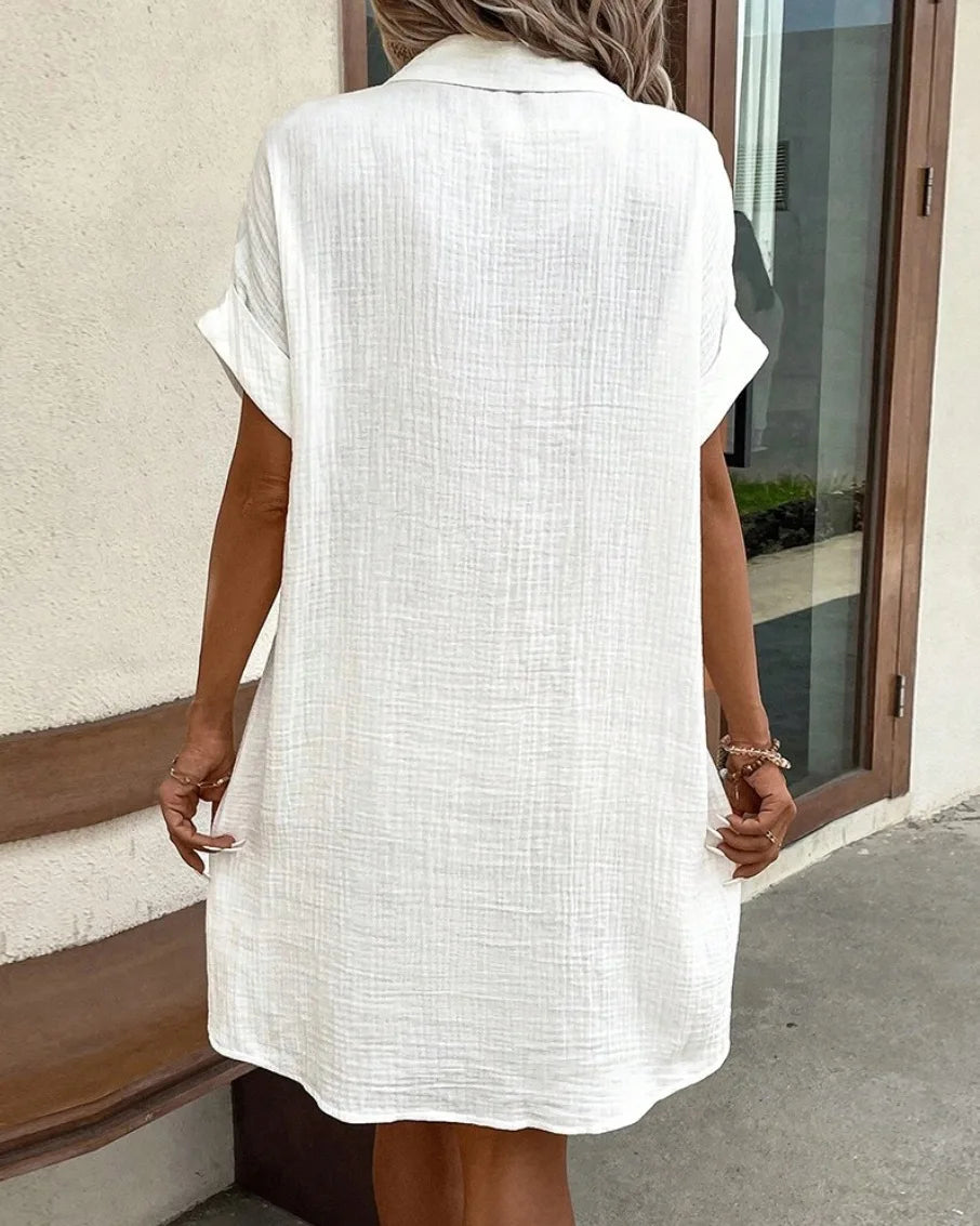 Summer Solid Simple Short Sleeve Shirt Dress Women's Turn-down Collar Single Breasted Casual Elegant Ladies Loose Dresses