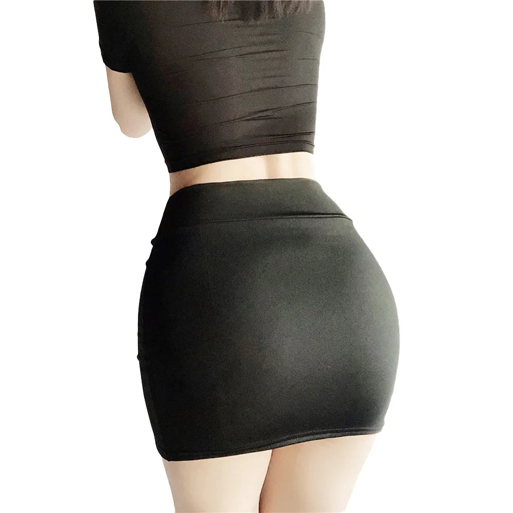 Sexy Women Tight Pencil Cute Skirt Sheer See Through Gloosy Micro Mini Skirt Oil Shiny OL Elastic Package Hip Skirt