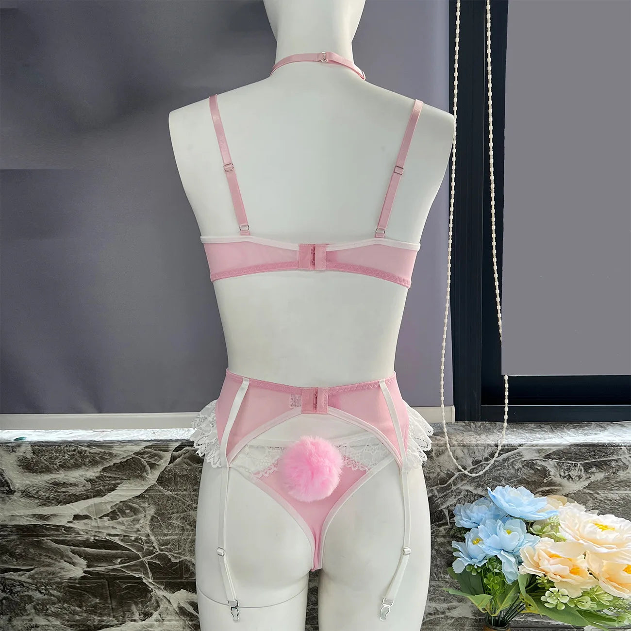 Yimunancy Contrast Color 5-Piece Maid Lingerie Set Women Bow Choker Bra + Ball Breif Underwear Set Stockings Garter Kit