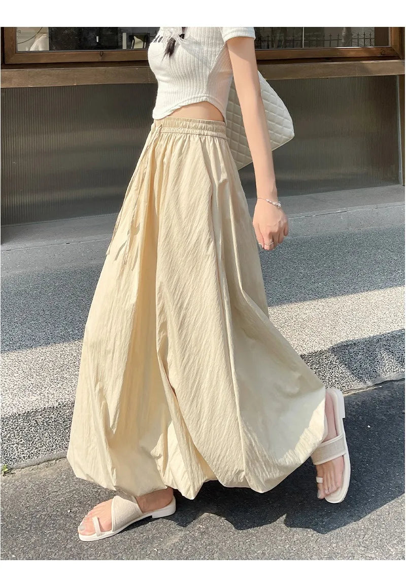 Solid Color Casual Long Skirt For Women 2024 Summer Fashion Women's Bubble Skirt Female Korean High Waist Elastic A-Line Skirt