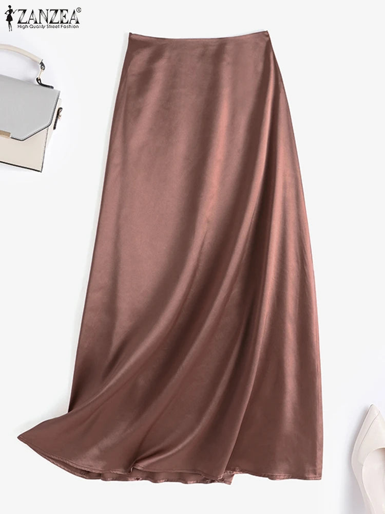 ZANZEA Woman Spring Autumn Satin Silk Skirt Work OL Back Zipper Faldas Saia Jupe Elegant Casual Party Solid Sundress 2023