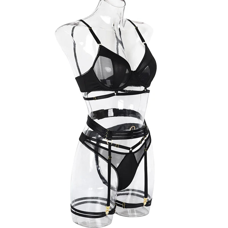 Yimunancy 3-Piece Lingerie Set Women Sexy Erotic Mesh Patchwork Bra + Brief Underwear Set Bandage Garter Kit