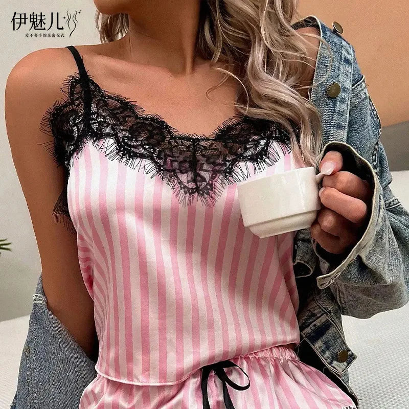 Two Piece Women's V-Neck Sexy Lace Suspender Pajama Shorts Set Casual Women's Sleeveless Sexy Pajama Set