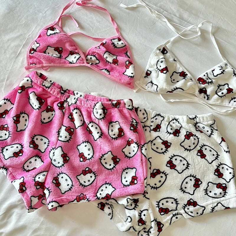 Sanrio Hello Kitty Women's Pajamas Set Sleepwear 2Pcs Short Tank Tops and Shorts Sexy Plush Homewear Women Pajamas Bra Sets