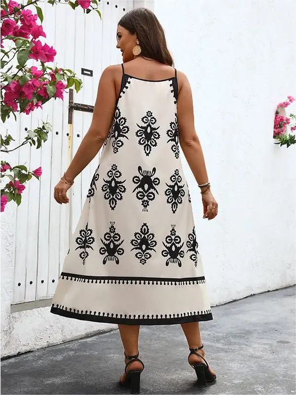 Plus Size Contrast Lace O-Neck Women Dresses Sleeveless A-Line Long Robe Geometric Print Oversized Summer Vacation Clothing