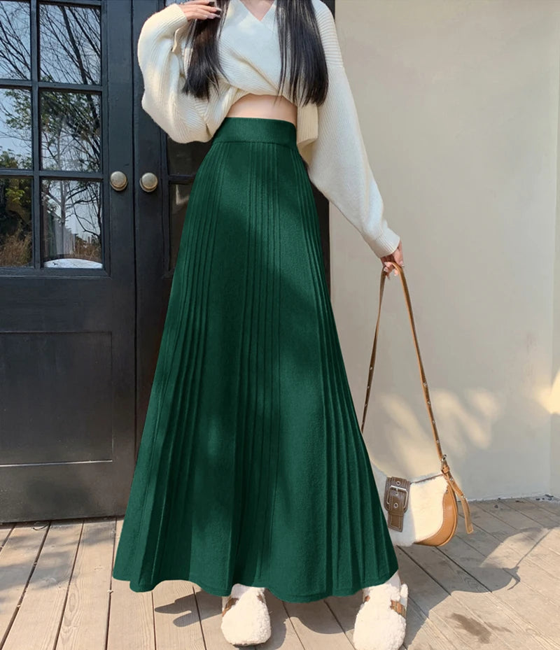 MEXZT Elegant Knitted Midi Skirt Women Fashion High Waist Black Pleated Skirts Fall Winter Ladies Korean Slim A Line Skirt New