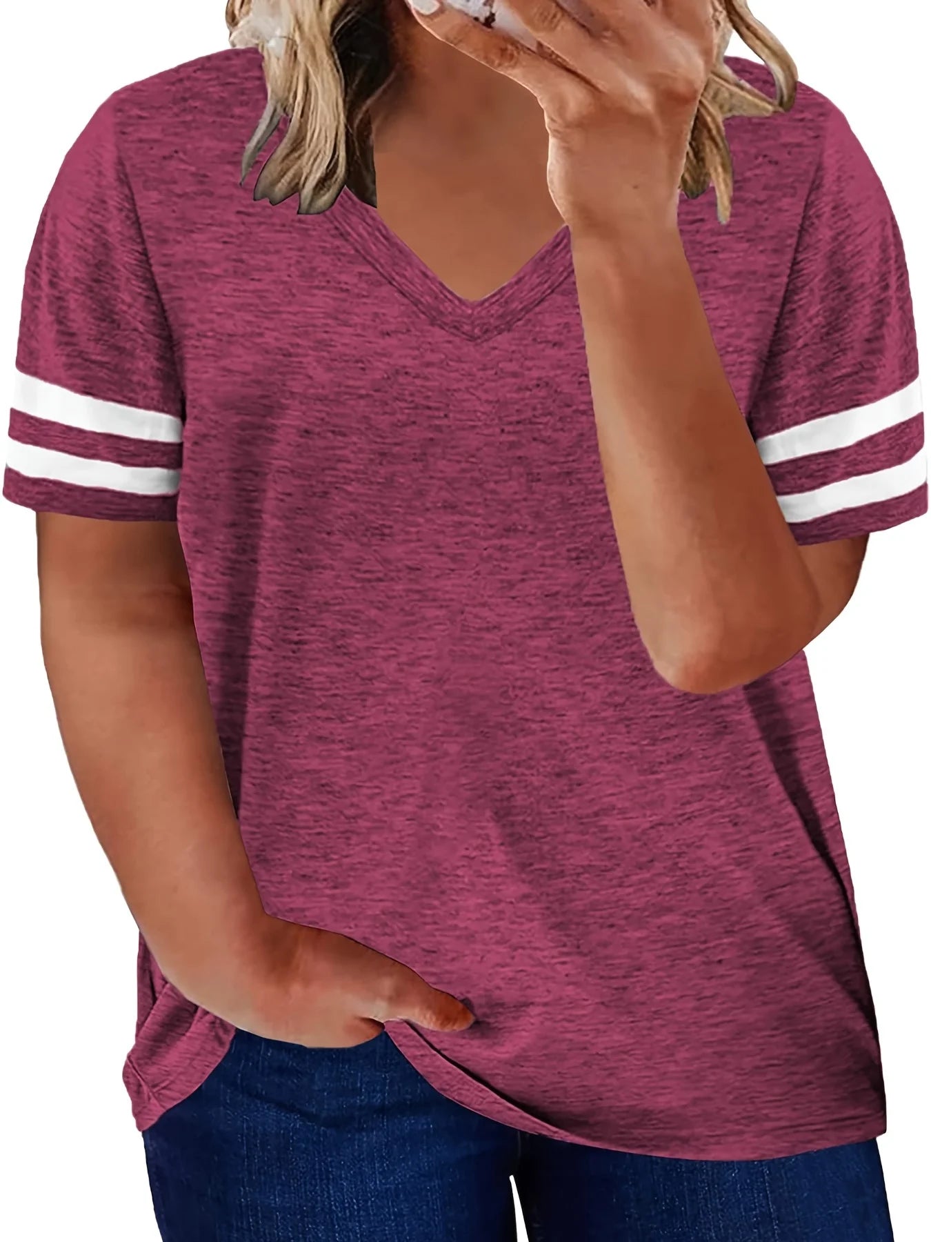 Plus Size Colorblock V Neck T-shirt, Women's Plus Slight Stretch Short Sleeve Casual Tee Plus Size Women Clothing