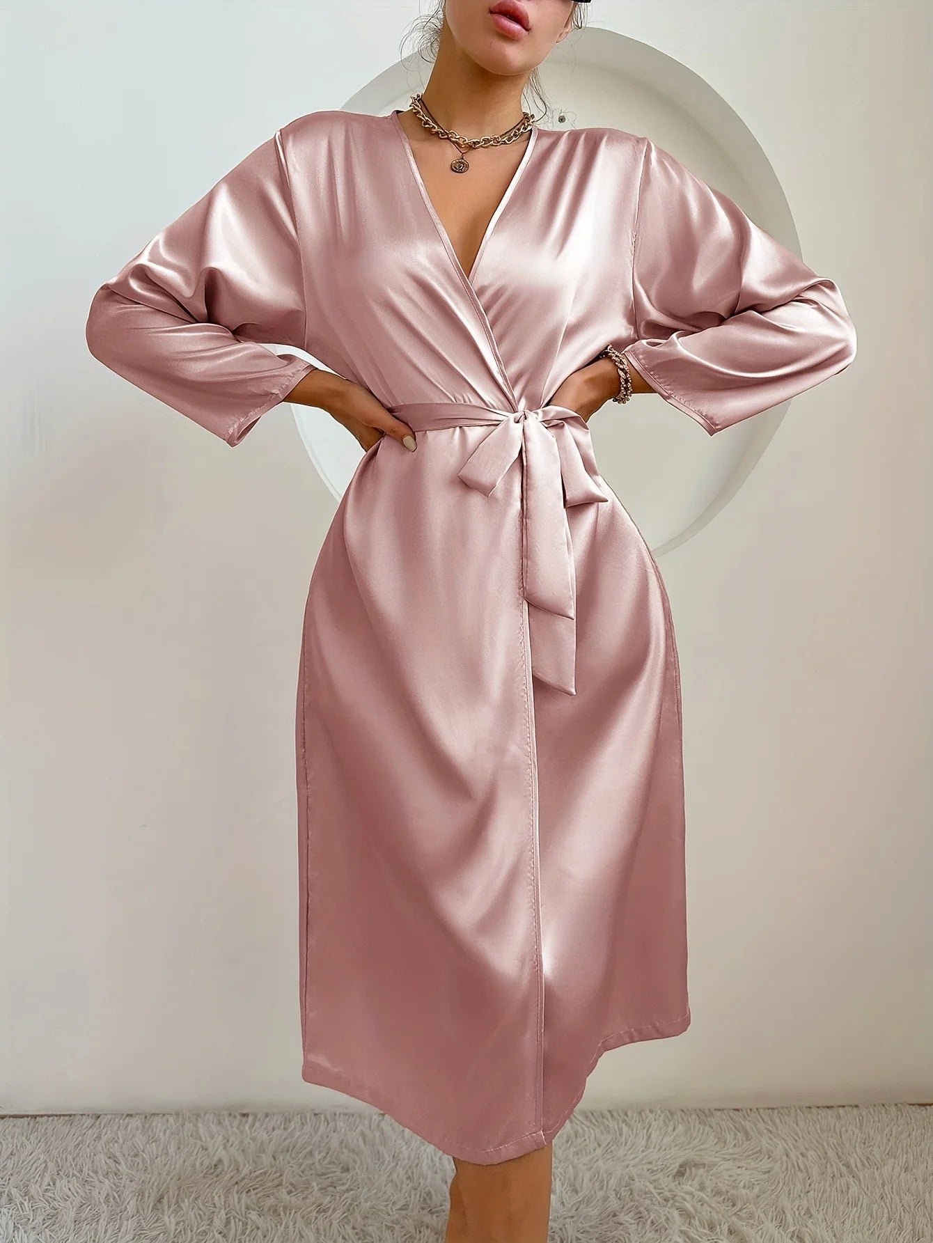 1 Piece of Women's Pure Color Satin Silk Pajamas, Elegant and Romantic Nightgown with Belt, Silky and Comfortable Bathrobe