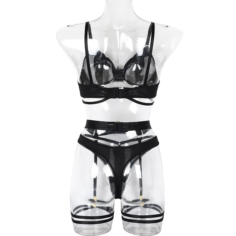 Yimunancy 3-Piece Lingerie Set Women Sexy Erotic Mesh Patchwork Bra + Brief Underwear Set Bandage Garter Kit