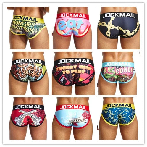 JOCKMAIL Playful fun Sexy Men Underwear Print Underpants Ice silk Briefs Cueca Gay Male Panties Slip 21 Pattern design Shorts