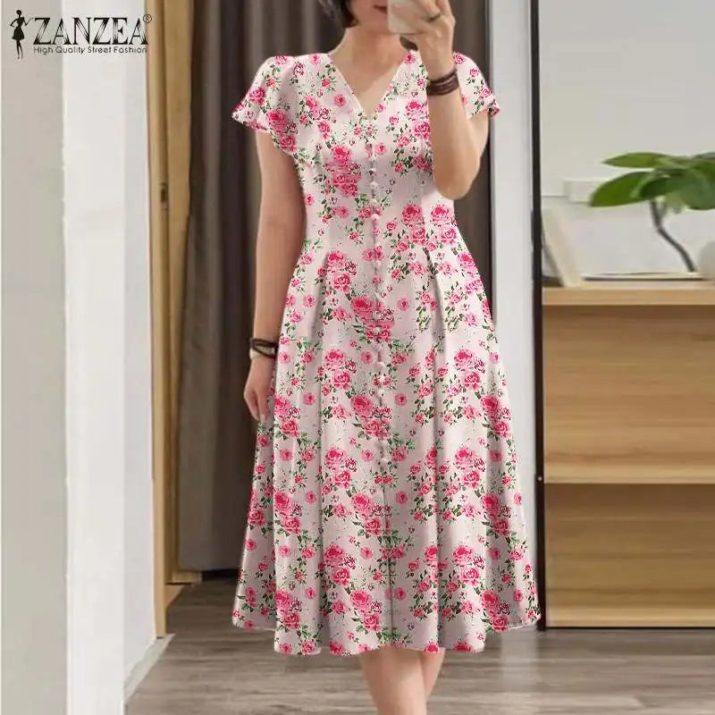 Elegant Floral Dress ZANZEA Women Summer Short Sleeve Party Sundress Robe Femme Causal Holiday Vestidos Bohemain Printed Dresses