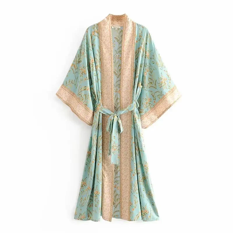 Boho Queens Fashion Women Green Floral Print Bat Sleeve Rayon Beach Bohemian Kimono Ladies V Neck Boho Robe Bikini Cover-ups