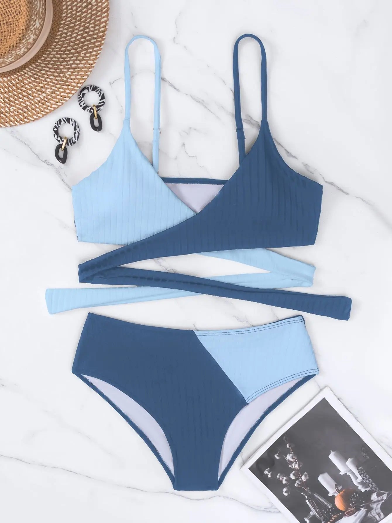 2-piece High Waist Swimsuit Women,2024 Patchwork,cross V-neck Bikini,suspender Backless Swimwear,lace-up,Adjustable Strap,summer