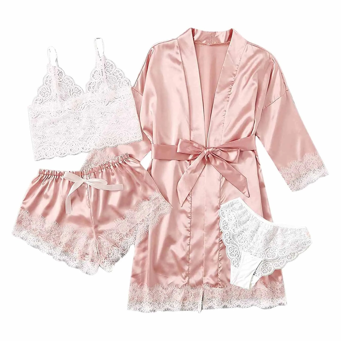 new Women's Sleep Lounge New Pajama Sets European American 4-piece set with lace satin suspender summer set for sleeping pajamas