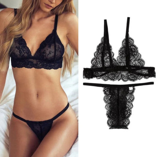 European And American Hot Selling Solid Color Lace Bra Set Sexy Hollow Suspenders Women'S Fashion Underwear Set