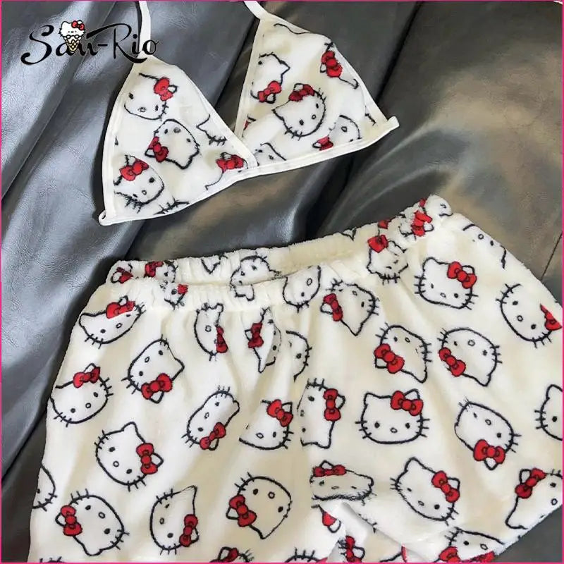 Sanrio Hello Kitty Women's Pajamas Set Sleepwear 2Pcs Short Tank Tops and Shorts Sexy Plush Homewear Women Pajamas Bra Sets