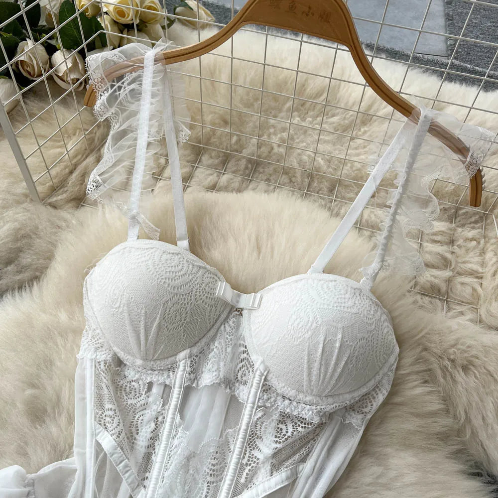 SINGREINY  Lace Sexy Underwear Suits Women Transparent Strapless Camis Bra $ Brief Suits Fashion Retro Short Summer Bra Sets