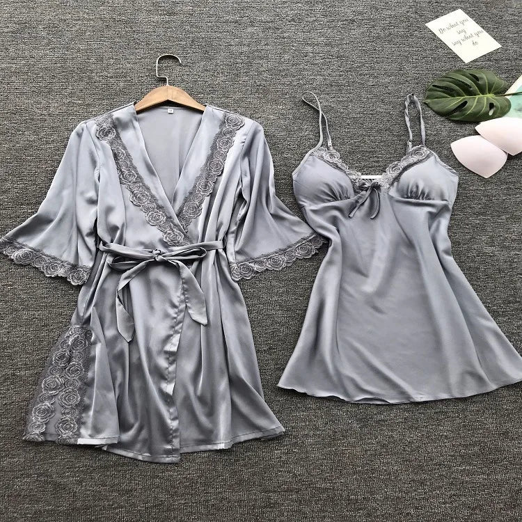 2PCS Leepwear Female Pajamas Set Satin Home Pyjamamas Lace Robe Sleep Suit V-Neck Wedding Nightwear Wear Nighty&Rob