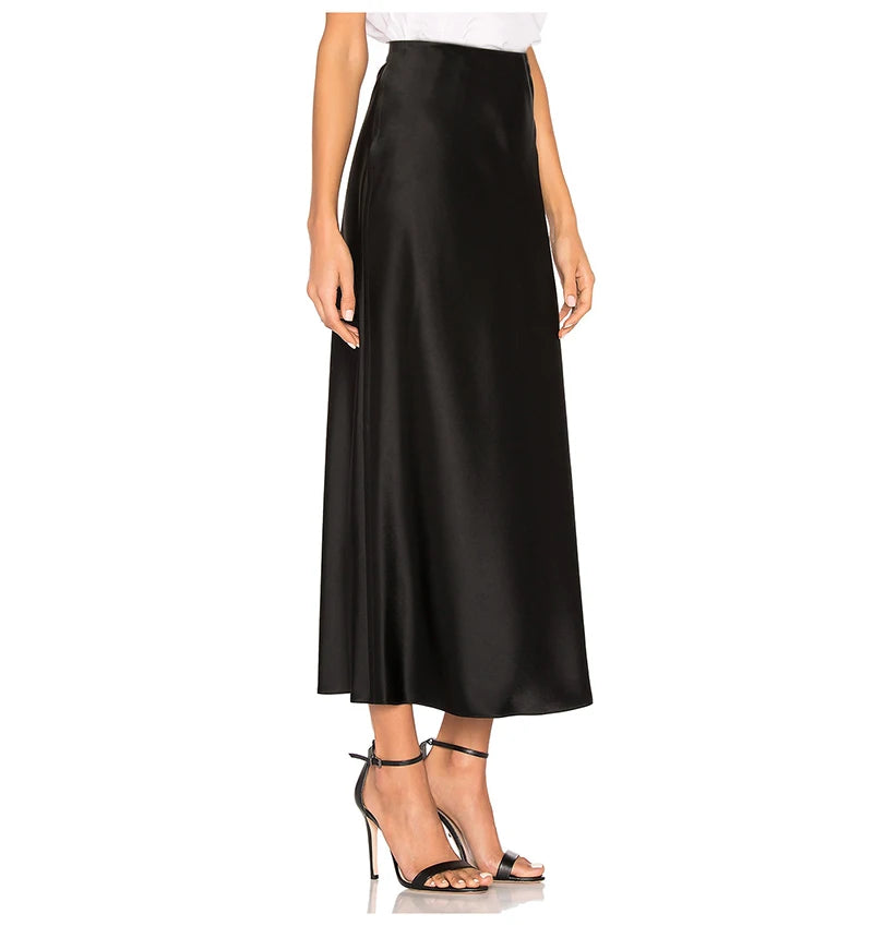 Long Satin Skirts For Women Summer High Quality Skirt With Slit On The Side Silk Elegant Black Maxi Luxury Women's Skirts 2024