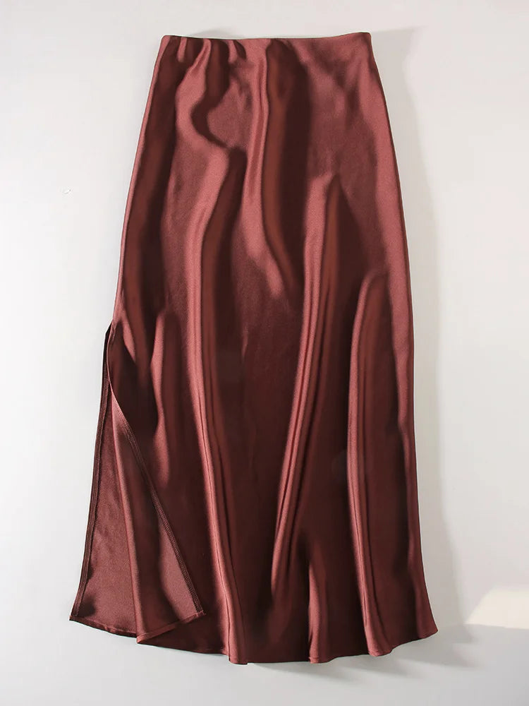 Long Satin Skirts For Women Summer High Quality Skirt With Slit On The Side Silk Elegant Black Maxi Luxury Women's Skirts 2024