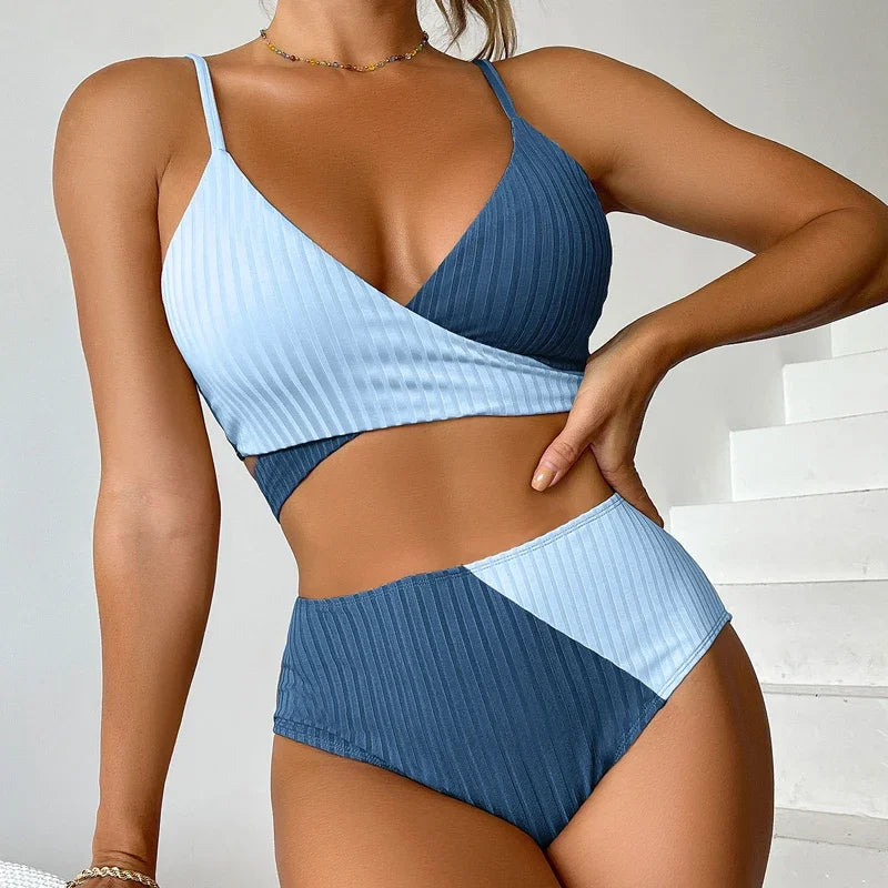 2-piece High Waist Swimsuit Women,2024 Patchwork,cross V-neck Bikini,suspender Backless Swimwear,lace-up,Adjustable Strap,summer