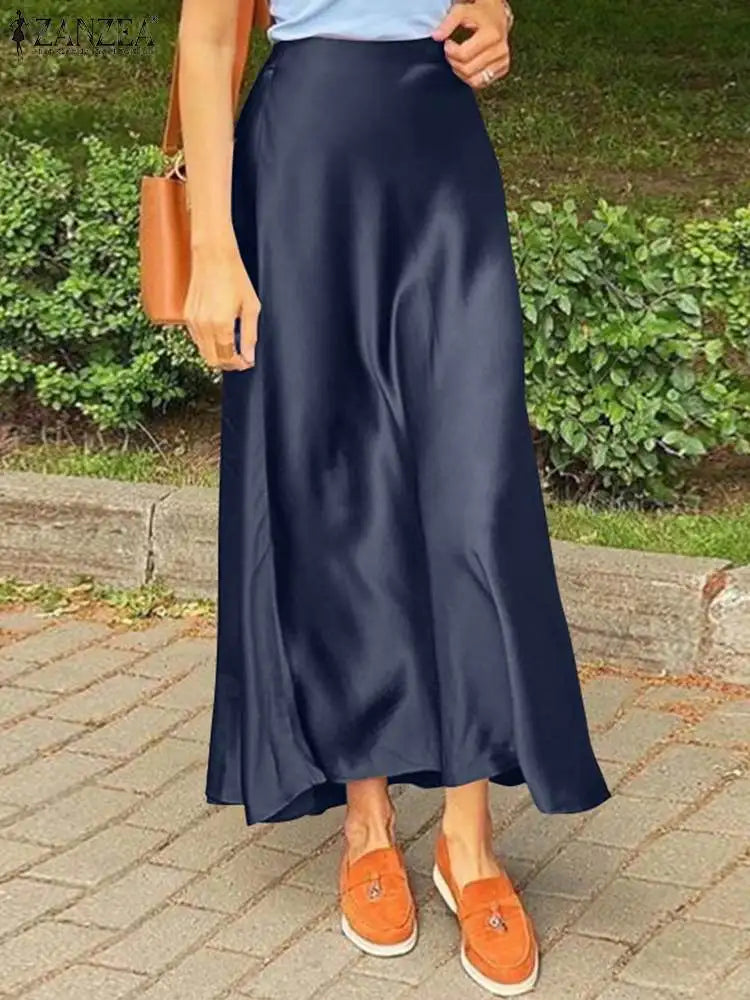 ZANZEA Woman Spring Autumn Satin Silk Skirt Work OL Back Zipper Faldas Saia Jupe Elegant Casual Party Solid Sundress 2023