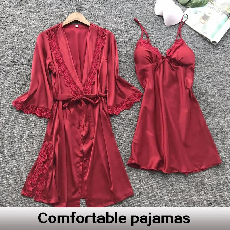 2PCS Leepwear Female Pajamas Set Satin Home Pyjamamas Lace Robe Sleep Suit V-Neck Wedding Nightwear Wear Nighty&Rob