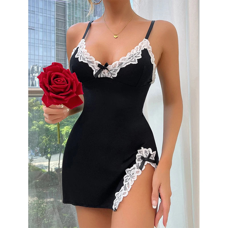 Erotic Babydoll Bow Lingerie Sleep Dress Women's Sexy Lace Sling Nightwear Lightweight And Luxurious Deep V Temptations Dresses