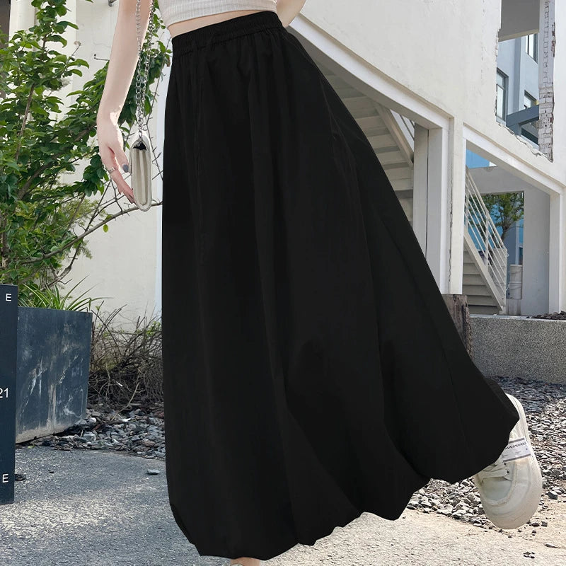 Solid Color Casual Long Skirt For Women 2024 Summer Fashion Women's Bubble Skirt Female Korean High Waist Elastic A-Line Skirt