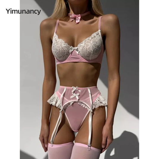 Yimunancy Contrast Color 5-Piece Maid Lingerie Set Women Bow Choker Bra + Ball Breif Underwear Set Stockings Garter Kit