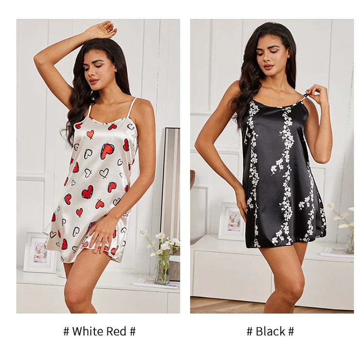 Sexy Sleepwear For Women Satin Lingerie Chemise Slip Nightgown Short Dress Sleep shirt Babydoll Pajamas Print Homewear Pijama