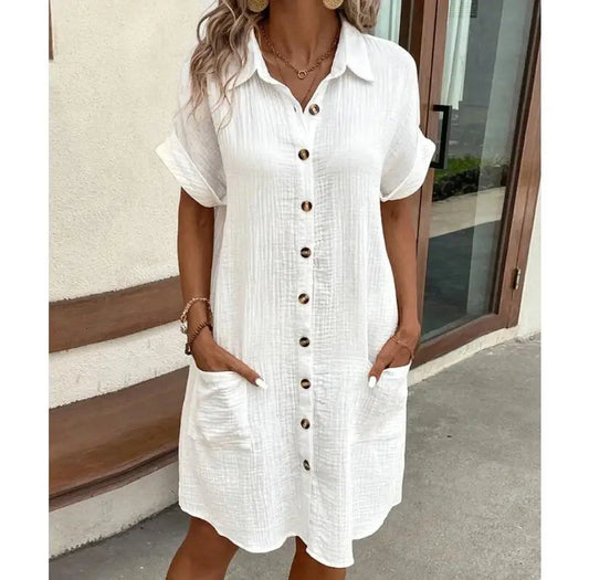 Summer Solid Simple Short Sleeve Shirt Dress Women's Turn-down Collar Single Breasted Casual Elegant Ladies Loose Dresses