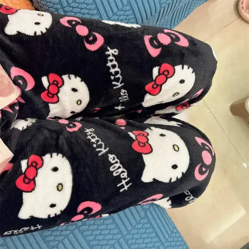 Thicken Hello Kitty Pajama Pants Sanrio Anime Fleece Double Elastic Fabric Soft Trousers Women Trousers Cartoon Birthday Gift