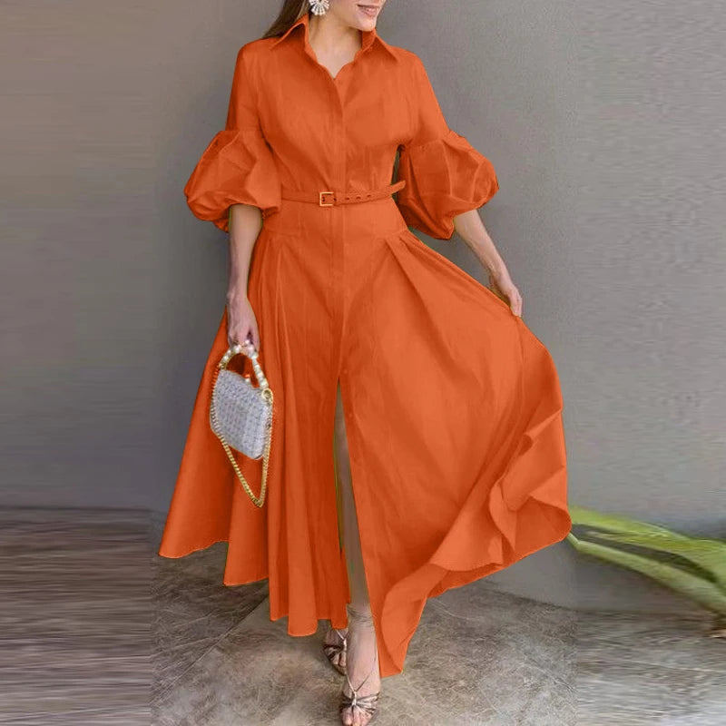 Plus Size 5XL VONDA 2024 Elegant Party Maxi Dress Fashion Women Lantern Sleeve Buttons Big Swing Sundress Casual Solid Robe