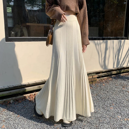 MEXZT Elegant Knitted Midi Skirt Women Fashion High Waist Black Pleated Skirts Fall Winter Ladies Korean Slim A Line Skirt New