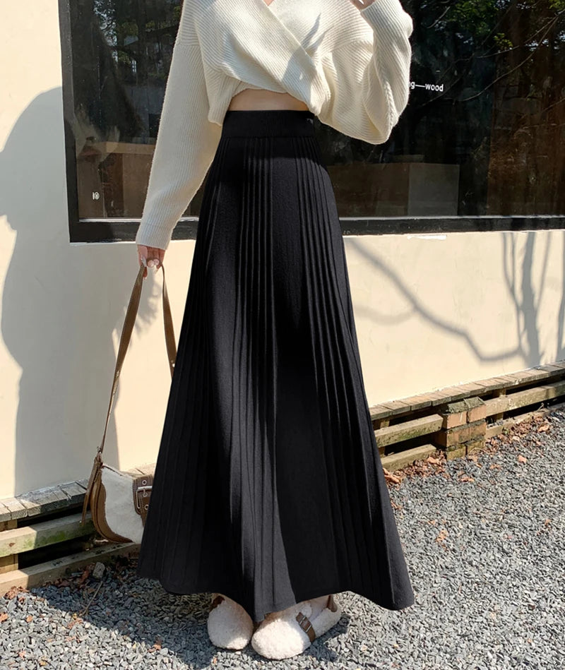 MEXZT Elegant Knitted Midi Skirt Women Fashion High Waist Black Pleated Skirts Fall Winter Ladies Korean Slim A Line Skirt New