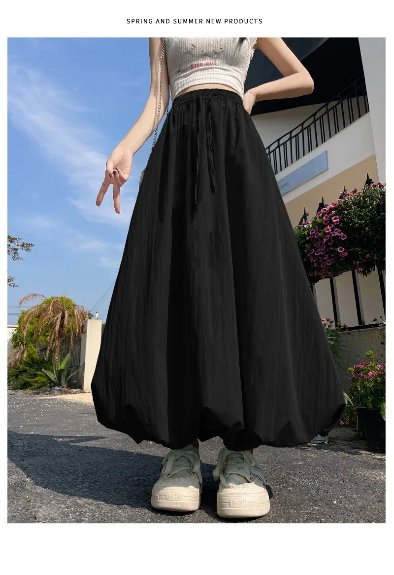 Solid Color Casual Long Skirt For Women 2024 Summer Fashion Women's Bubble Skirt Female Korean High Waist Elastic A-Line Skirt