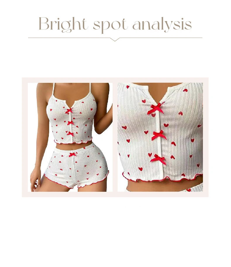 Sexy women's cute sleepwear new heart-shaped printed lettuce border bow vest and shorts Pj set soft sleepwear